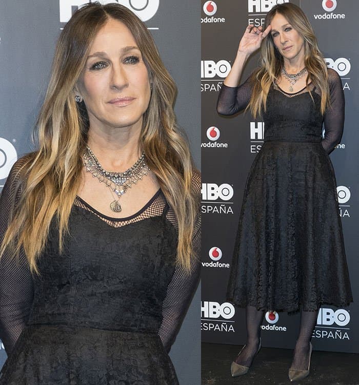 sarah-jessica-parker-black-embroidered-dress-fishnet-sleeves