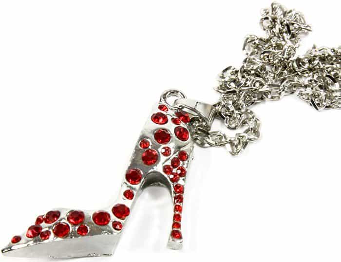 Red high heel shoe ornament that is embellished with jewels