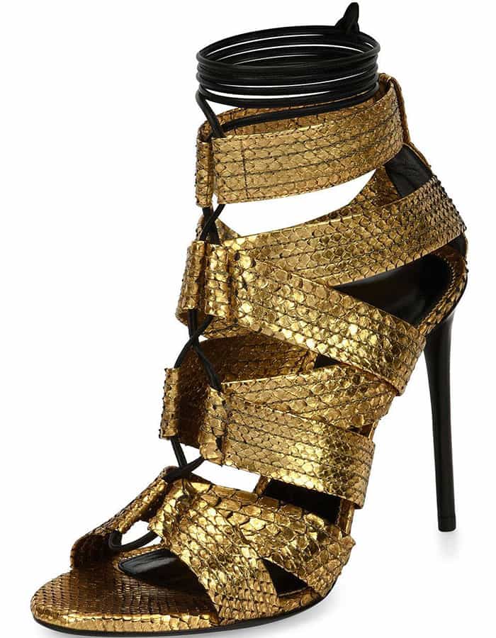 Tom Ford Lace-Up Sandals Python Gold Metallic