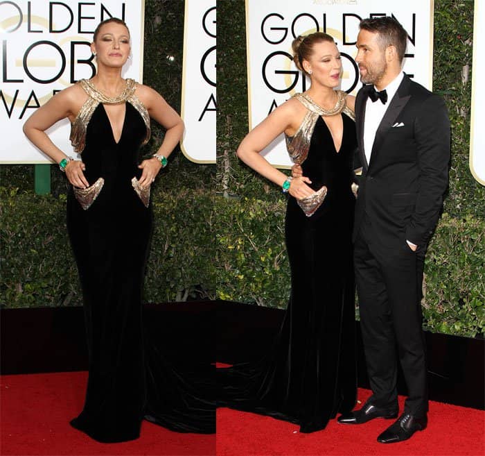 Blake Lively exudes timeless elegance in a black velvet Atelier Versace gown with gold accents and dramatic pockets, accompanied by husband Ryan Reynolds at the 74th Golden Globe Awards