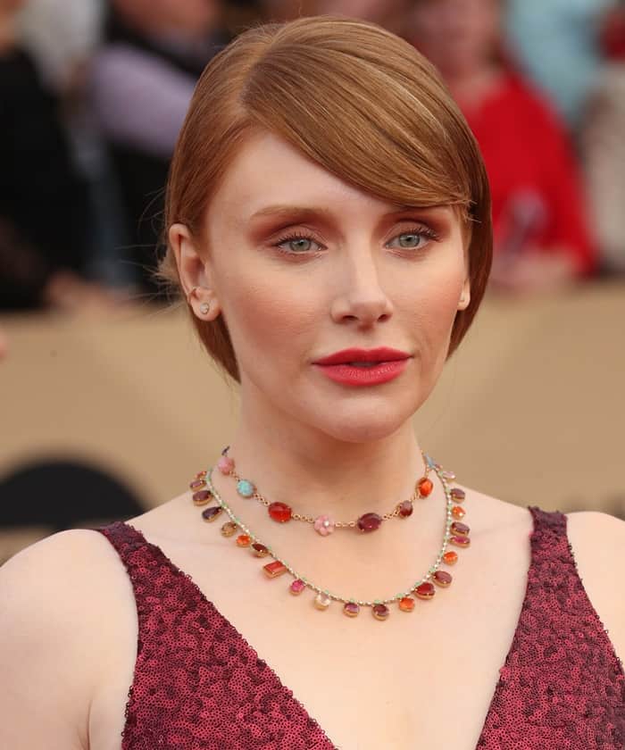 Bryce Dallas Howard sports a sleek, side-parted updo at the Screen Actors Guild Awards, with her hair tucked behind her ears to highlight her multicolored necklace and vibrant red lipstick