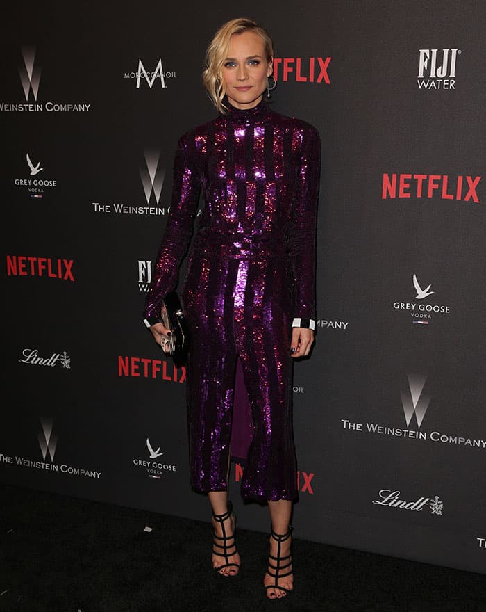 Diane Kruger dazzles at the 2017 Golden Globes afterparty in a purple-and-black sequined Nina Ricci dress paired with Giuseppe Zanotti strappy sandals
