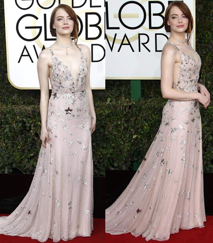Emma Stone shines in a star-embellished Valentino gown with a dreamy red carpet look