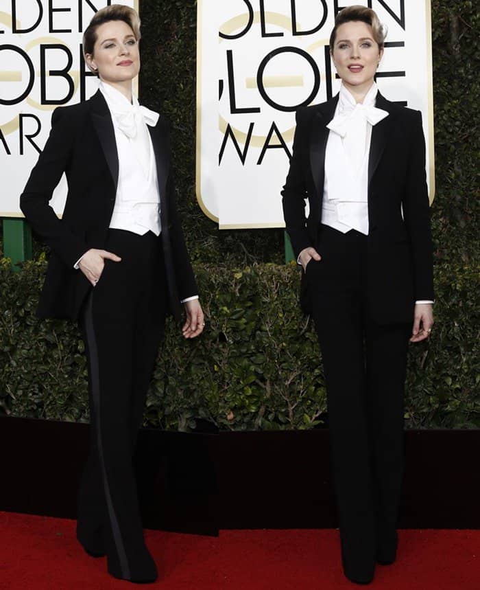 Evan Rachel Wood wore a tailored black-and-white Altuzarra tuxedo with a bow tie, creating a bold and powerful statement at the 2017 Golden Globe Awards