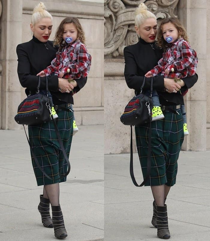 Gwen Stefani keeps it edgy for a church outing on January 15, 2017, wearing a Wolford Colorado String Bodysuit, plaid culottes, striped booties, and a Christian Louboutin Panettone Small Spike Bag