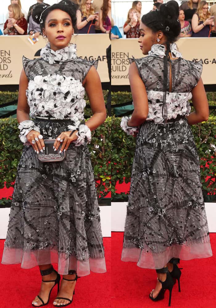 Janelle Monáe dazzles at the SAG Awards in a bespoke Chanel and Stuart Weitzman ensemble, showcasing Karl Lagerfeld's flair for selecting stars with distinctive styles