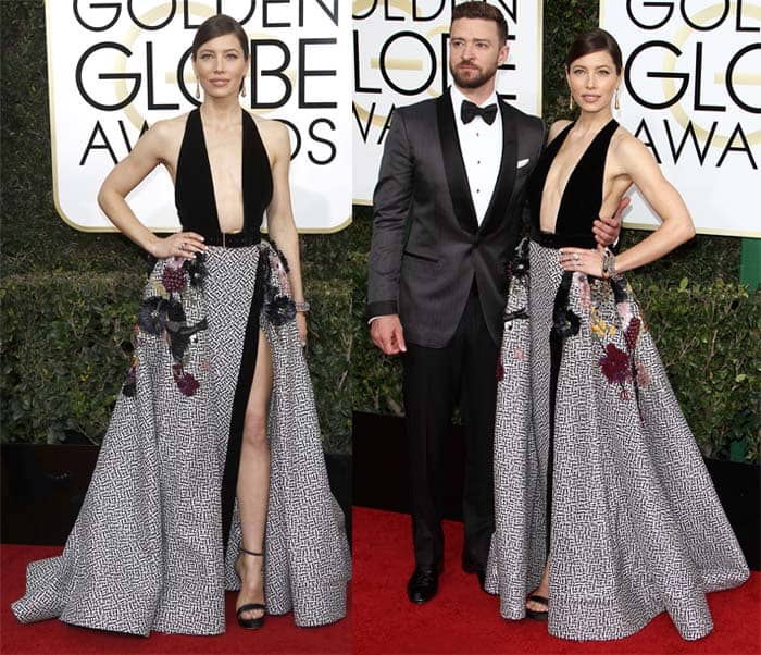 Jessica Biel exudes modern elegance in an Elie Saab gown with a daring plunging neckline and high-slit skirt, accompanied by her husband Justin Timberlake, at the 74th Golden Globe Awards
