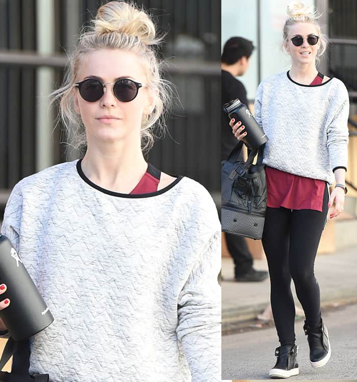 Julianne Hough wears a gray sweater over a maroon tank top