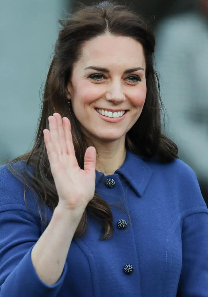 Catherine, Duchess of Cambridge, ushered in the new year donning a blue Eponine double wool crepe dress coat from their Fall 2016 collection