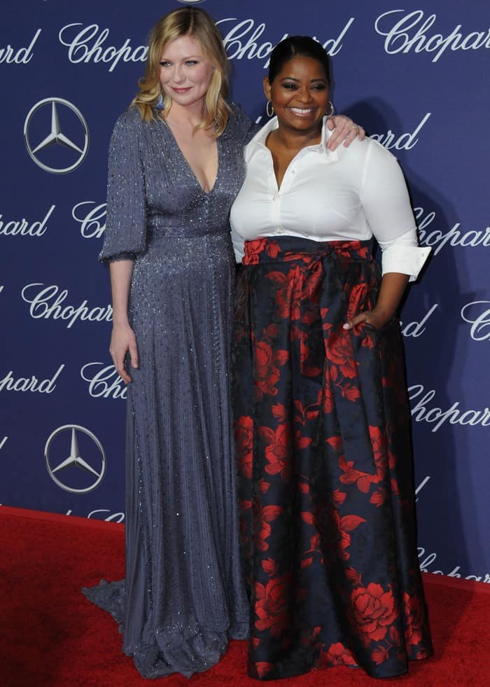 Kirsten Dunst sparkled in a silver beaded Ralph & Russo gown as she posed with Oscar winner Octavia Spencer, who stood out in a bold floral Tadashi Shoji skirt and crisp white blouse