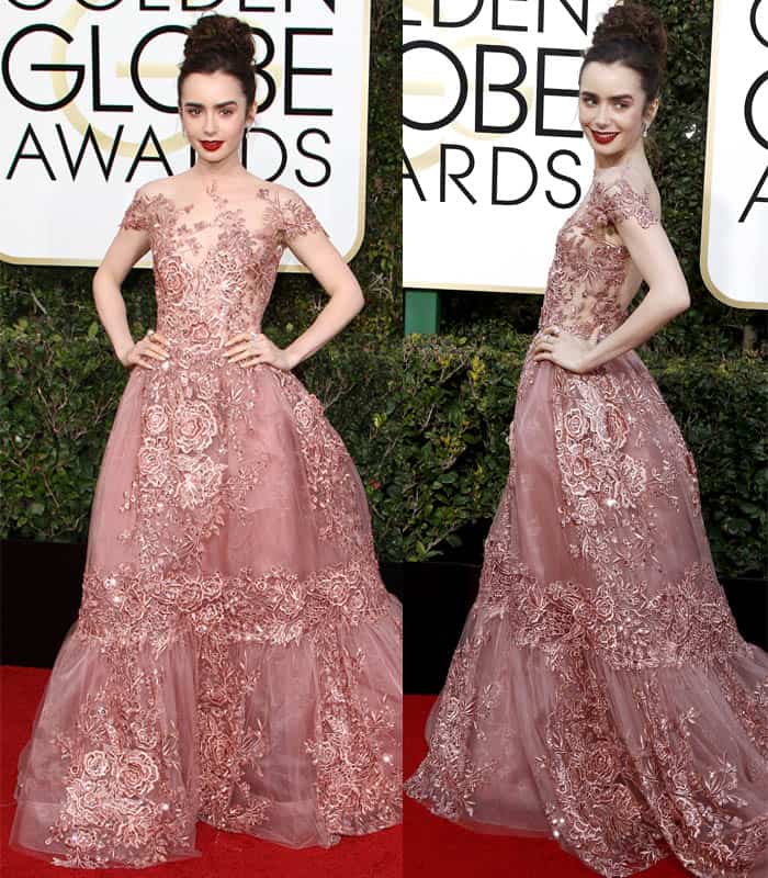 Lily Collins captivates in a fairytale-inspired blush pink lace and tulle gown by Zuhair Murad at the 74th Golden Globe Awards