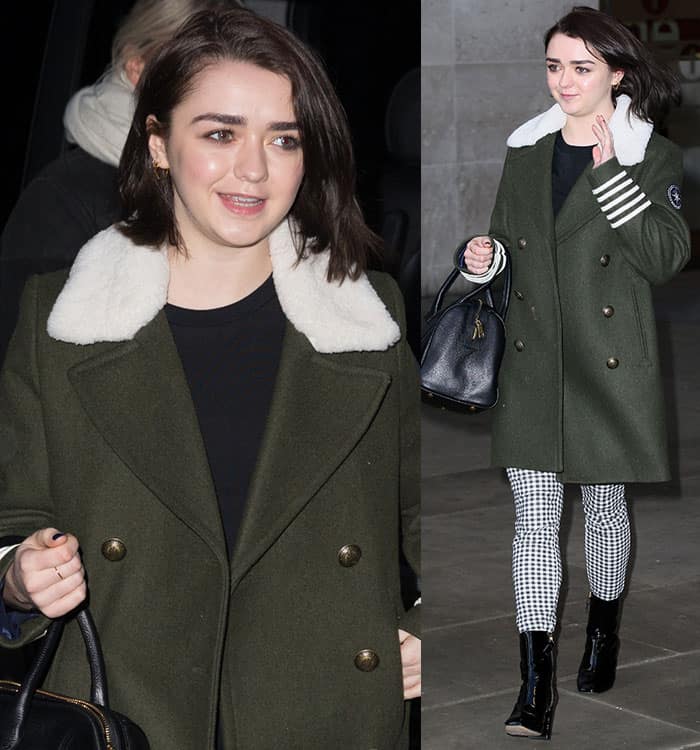 Maisie Williams stuns in a green double-breasted peacoat with a shearling collar from the Tommy Hilfiger x Gigi Hadid collection