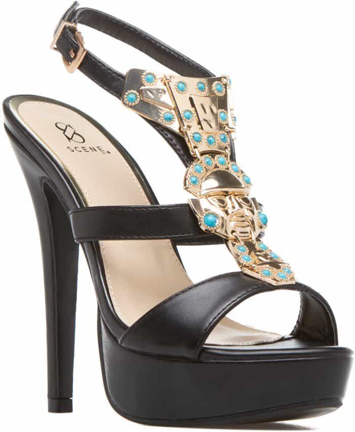 Black Maziah Heels With Ornate Metallic Plating