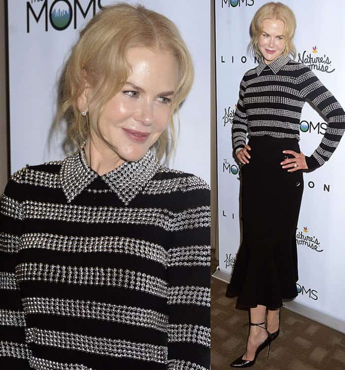 Nicole Kidman masters modern elegance by pairing a studded collared top with a sleek trumpet skirt and classic black pumps, perfect for a polished evening look