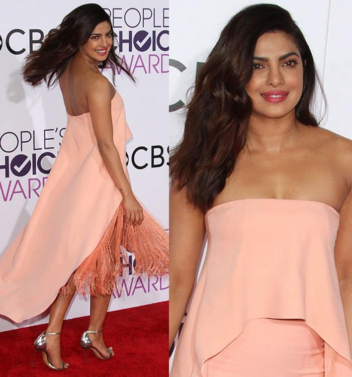 Priyanka Chopra in a peach dress at the 2017 People’s Choice Awards