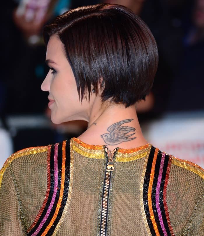 Ruby Rose showcased her signature style with a sleek bob and an intricate bird tattoo on the back of her neck