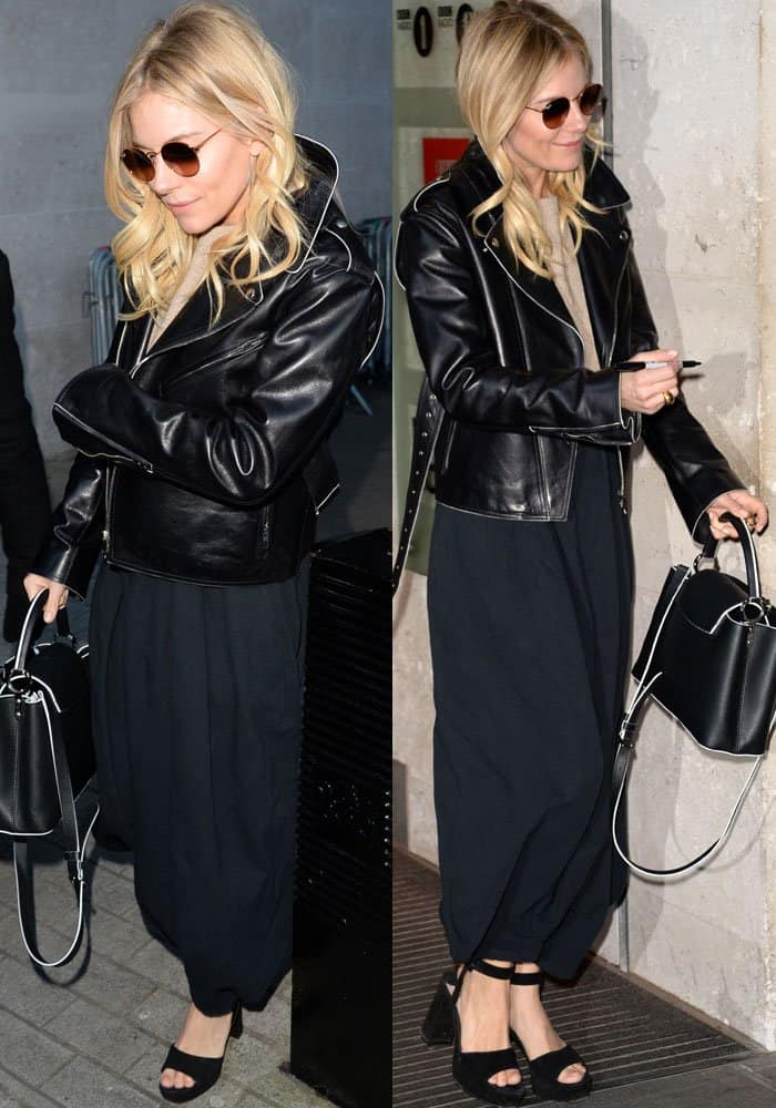 Sienna Miller stepped out in a leather jacket over a knitted sweater