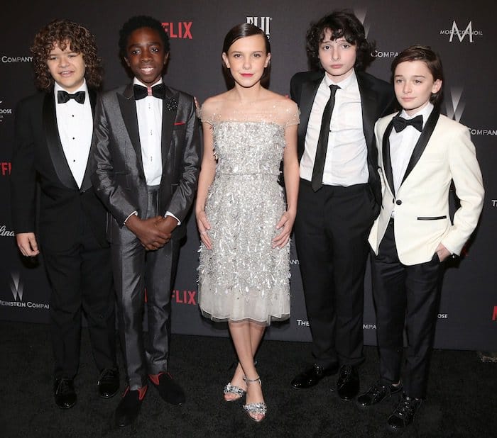 The main group of kids includes Millie Bobby Brown, Finn Wolfhard, Gaten Matarazzo, Caleb McLaughlin, and Noah Schnap