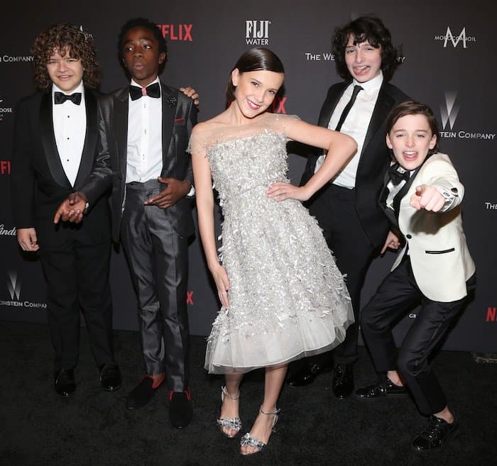 The cast of "Stranger Things" Gaten Matarazzo, Caleb McLaughlin, Millie Bobby Brown, Finn Wolfhard, and Noah Schnapp