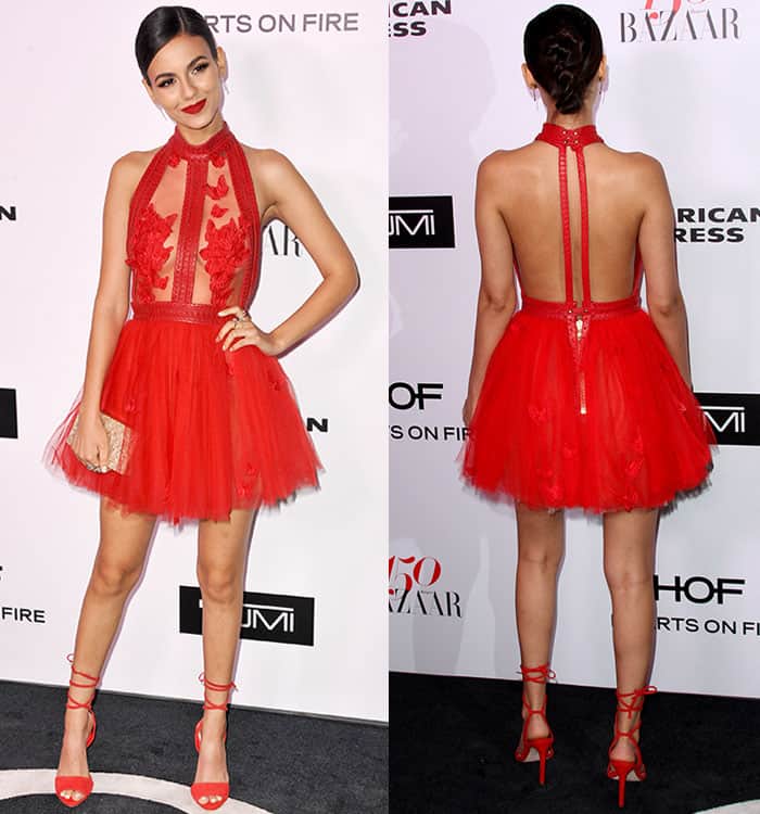 Victoria Justice flaunts her legs in a red Kristian Aadnevik Spring 2017 dress