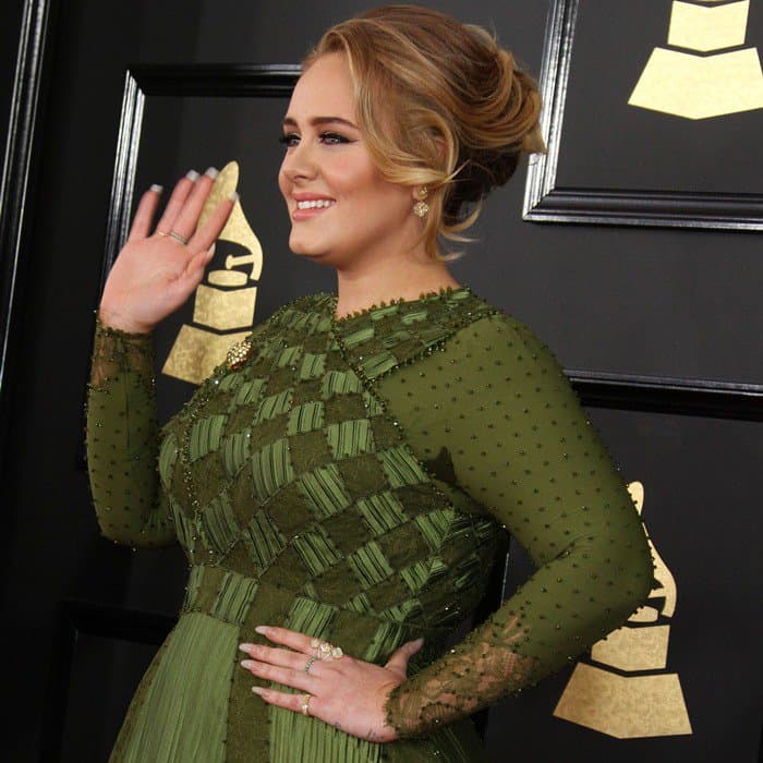 Adele rocked an olive green bead-embellished pleated dress from Givenchy Haute Couture by Riccardo Tisci