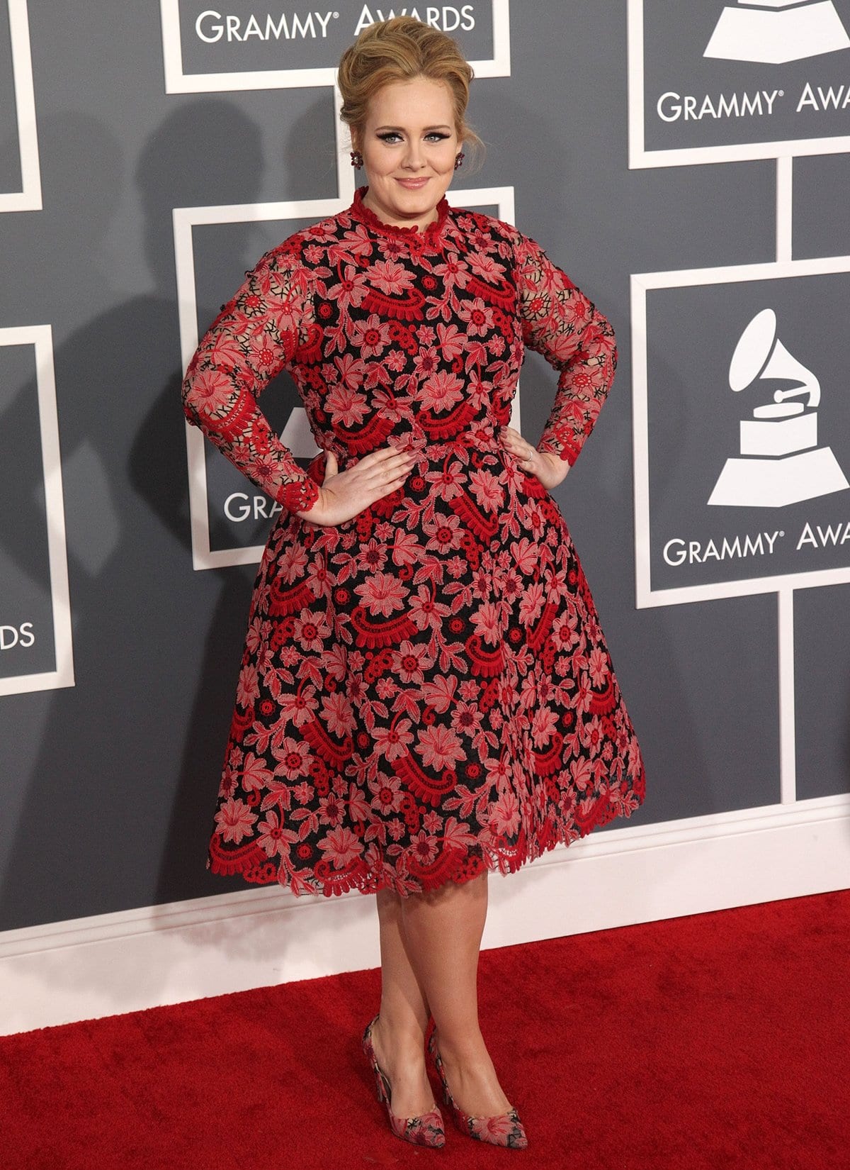 Adele in a floral Valentino dress and matching heels at the 2013 Grammy Awards