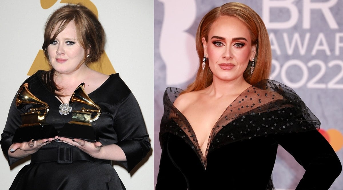 Adele before her weight loss in 2009 and after weight loss in 2022