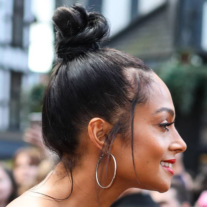 Alesha Dixon's hoop earrings and bun hairstyle