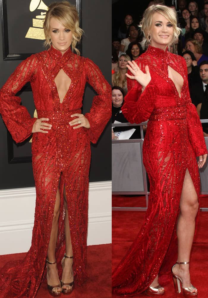 Carrie Underwood selected a mesmerizing crimson embellished gown from Kuwaiti fashion house Yas Couture by Elie Madi at the 59th Grammy Awards