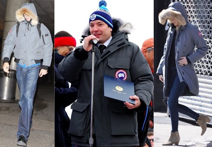 Sacha Baron Cohen, Jimmy Fallon, and Emma Stone wearing Canada Goose jackets