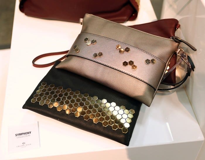 Elegant clutches from Céline Dion's Symphony Collection featuring metallic hexagonal embellishments