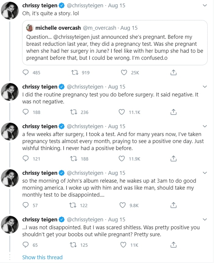 Chrissy Teigen didn't know she was pregnant when undergoing surgery to remove the breast implants