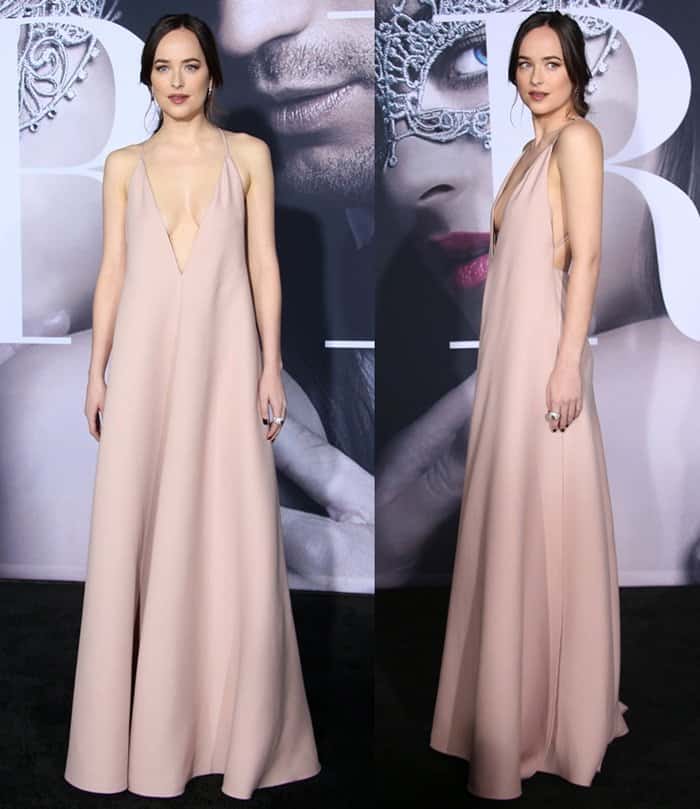 Channel Dakota Johnson’s elegance by pairing a flowing blush Valentino-inspired gown with a loose braid and minimal accessories for a look that’s effortlessly chic and red-carpet ready
