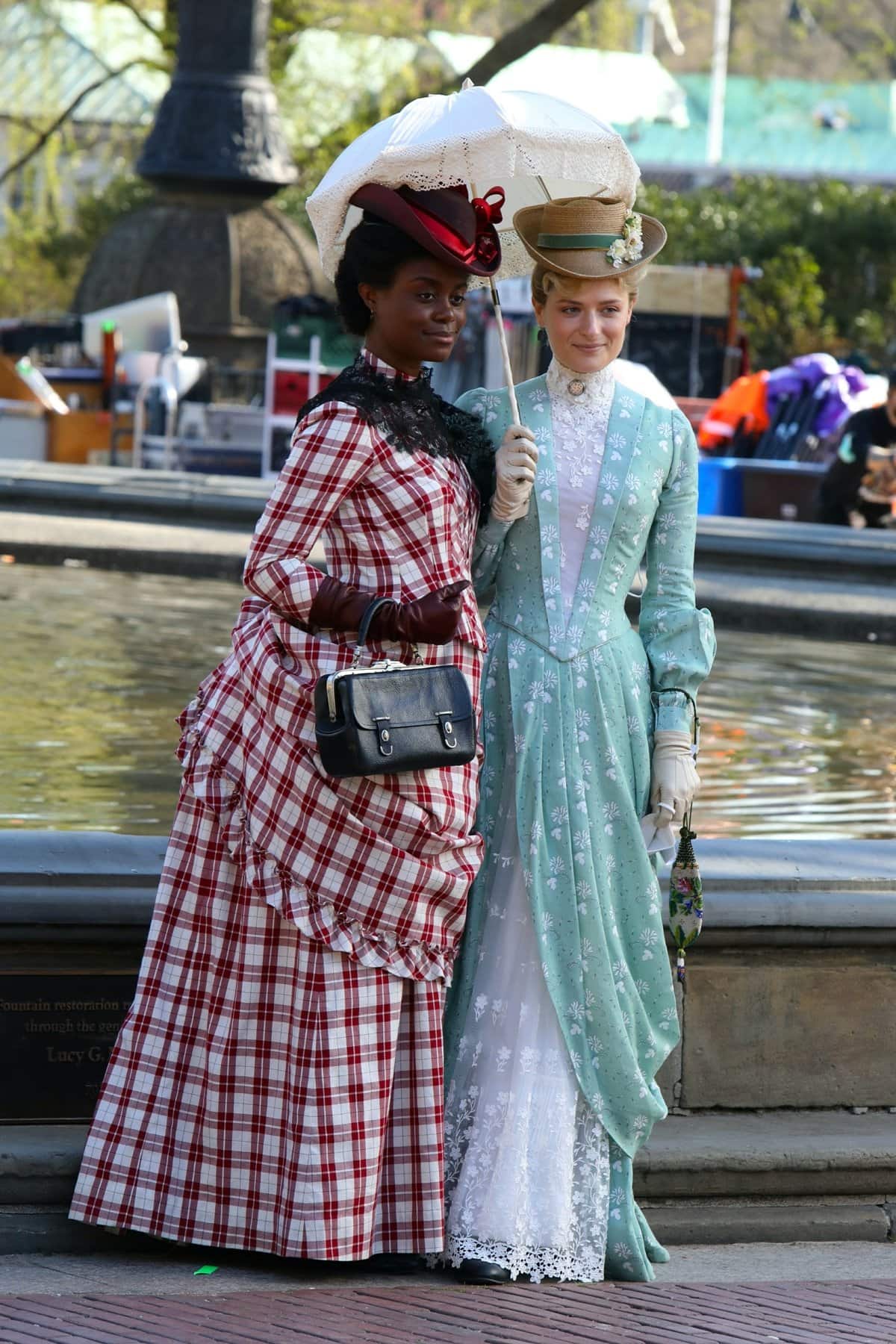 Denee Benton and Louisa Jacobson are seen at the film set of the American historical drama television series The Gilded Age