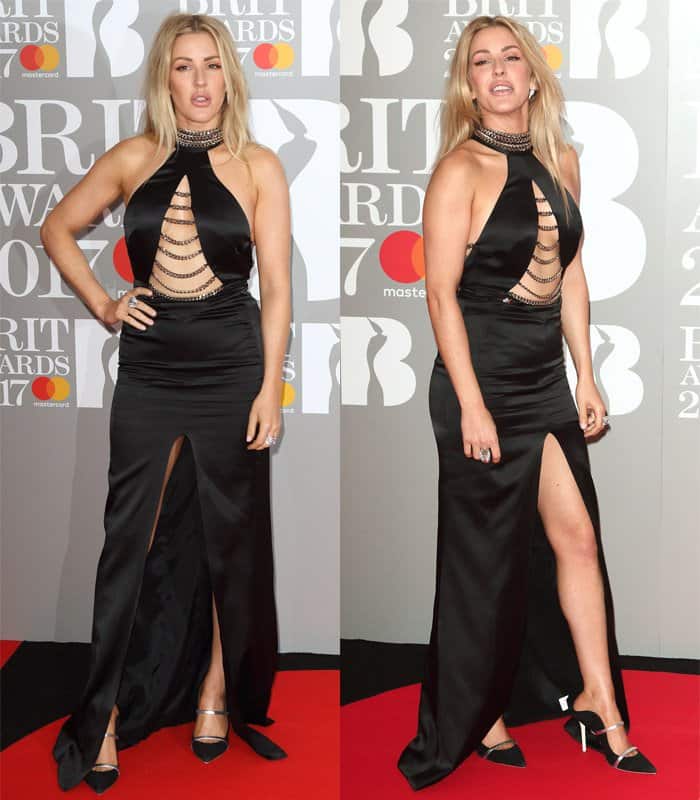 Ellie Goulding steps out in a black halter gown with chain details and a thigh-high slit, paired with pointed-toe mules for an edgy yet elegant look