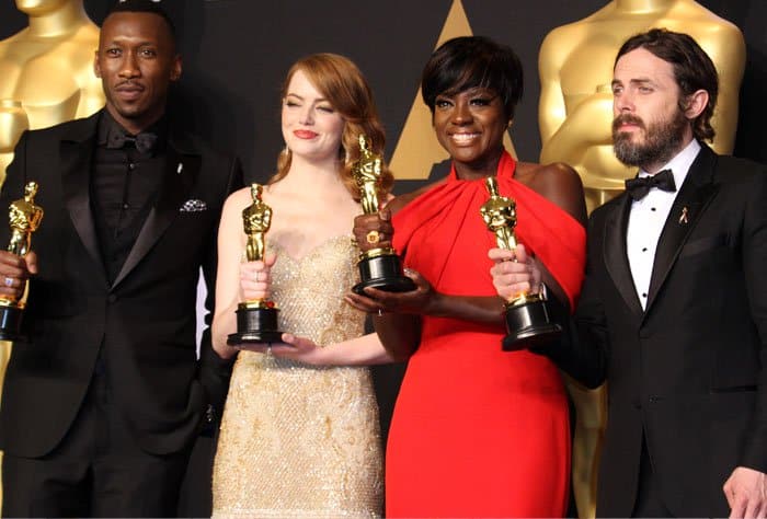 2017 Academy Award Winners (Left to Right): Mahershala Ali (Best Supporting Actor), Emma Stone (Best Actress), Viola Davis (Best Supporting Actress), and Casey Affleck (Best Actor)