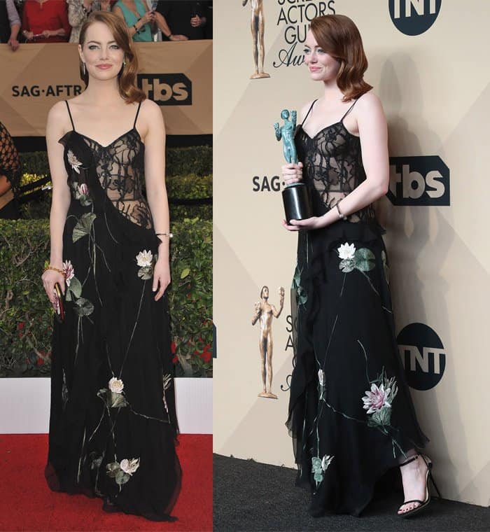 Emma Stone shines in a sheer Alexander McQueen floral gown paired with Jimmy Choo "Minny" sandals
