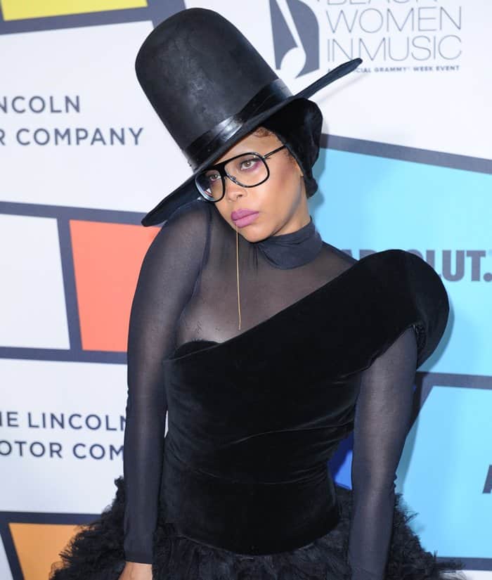 Erykah Badu commands attention with her avant-garde top hat, oversized black-rimmed glasses, and bold mauve lipstick, accentuating her fierce and unique style