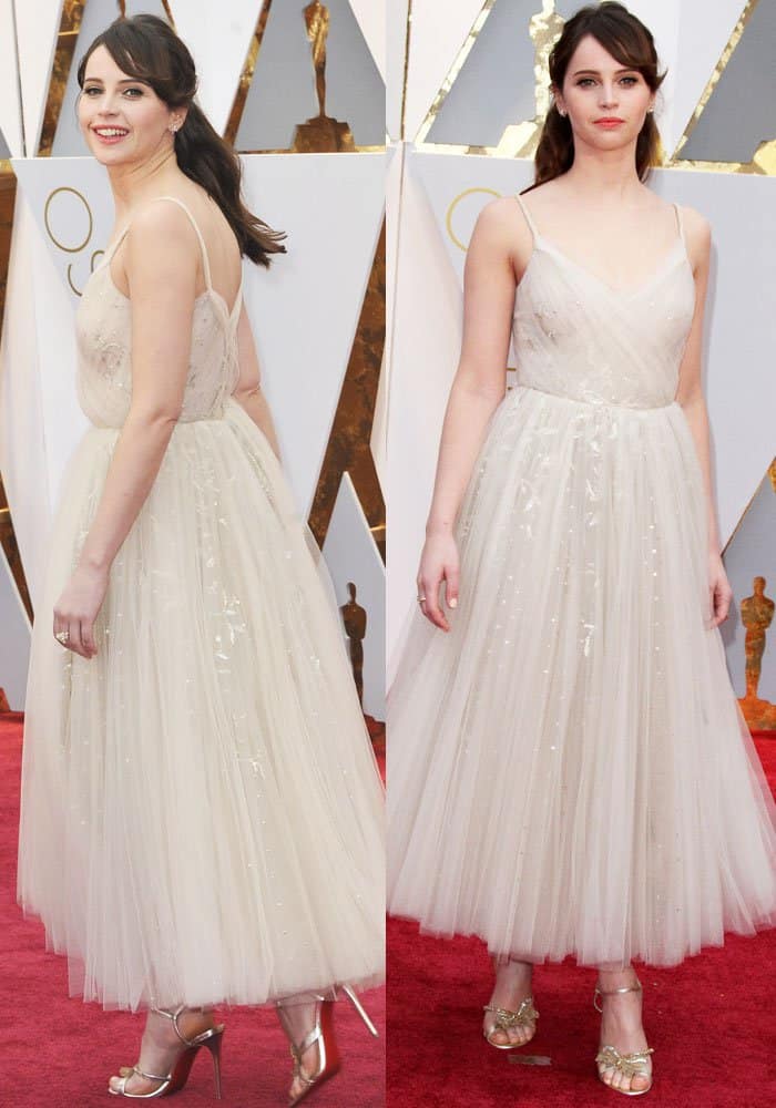 Felicity Jones exudes ethereal elegance in a soft tulle Dior dress paired with shimmering gold Christian Louboutin "Bat Bat" sandals at the 2017 Oscars