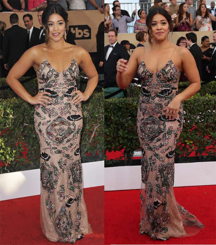 Gina Rodriguez in an embroidered dress