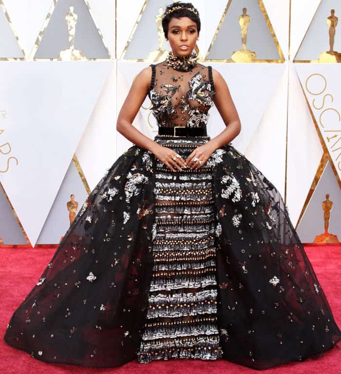 Janelle Monáe wears a stunning bejeweled ball gown from Elie Saab on the red carpet