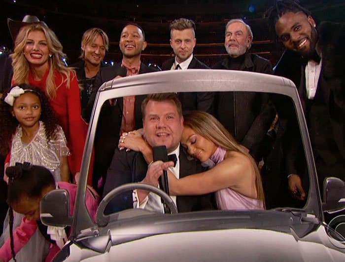 The pop star does a skit with Grammy host James Corden along with a bevy of other celebrities