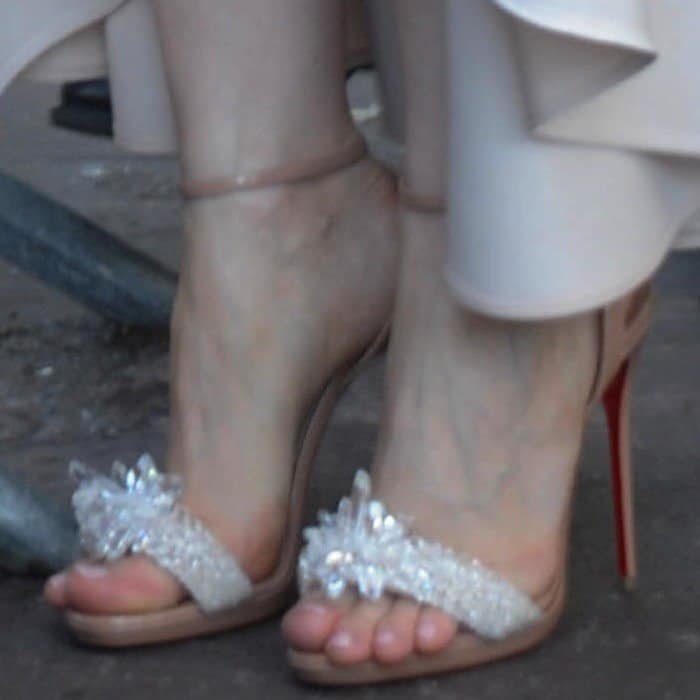 Jessica Chastain's feet in Christian Louboutin's 'Crystal Queen' embellished sandals
