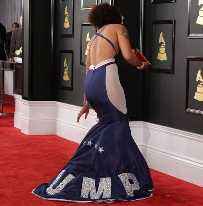 Singer Joy Villa donned a dress designed by Andre Soriano with President Trump‘s “Make America Great Again” slogan emblazoned on the front at the 2017 Grammy Awards held at the Staples Center in Los Angeles on February 12, 2017