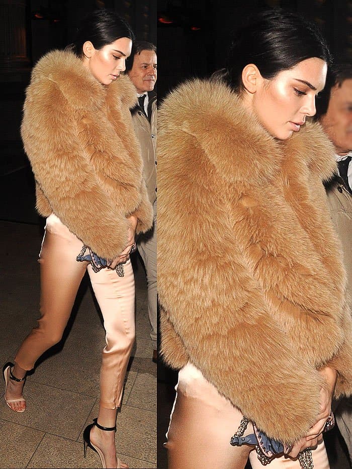 Kendall Jenner in fur jacket and La Perla two-tone sandals