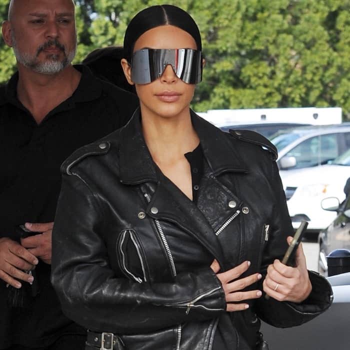 Kim Kardashian rocked oversized Shield sunglasses from US-born fashion designer Rick Owens