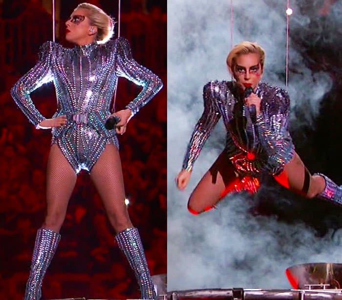 Lady Gaga stuns the crowd as she makes a dramatic entrance, descending from the ceiling in a dazzling beaded bodysuit via a harness