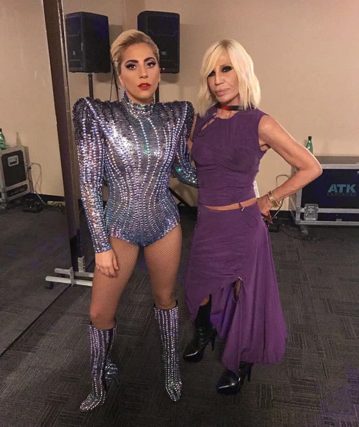 Lady Gaga poses with the woman behind her Super Bowl LI costumes, Donatella Versace