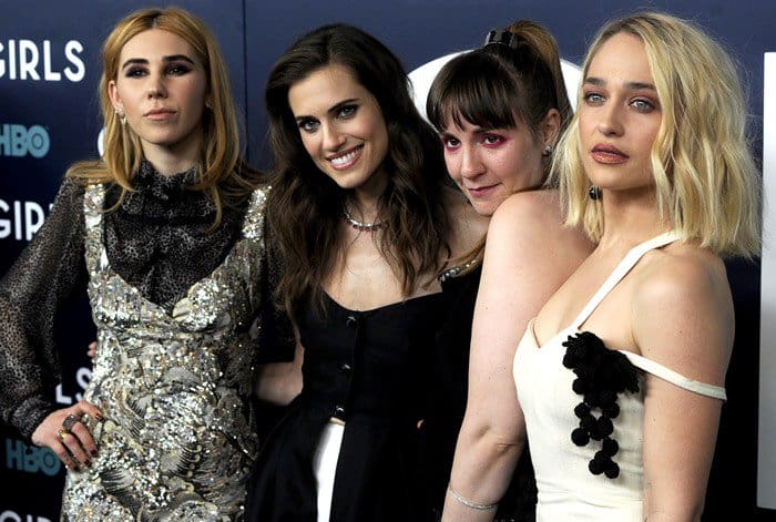 Zosia Mamet, Allison Williams, Lena Dunham, and Jemima Kirke showcase their distinct fashion choices ranging from metallics to monochrome elegance