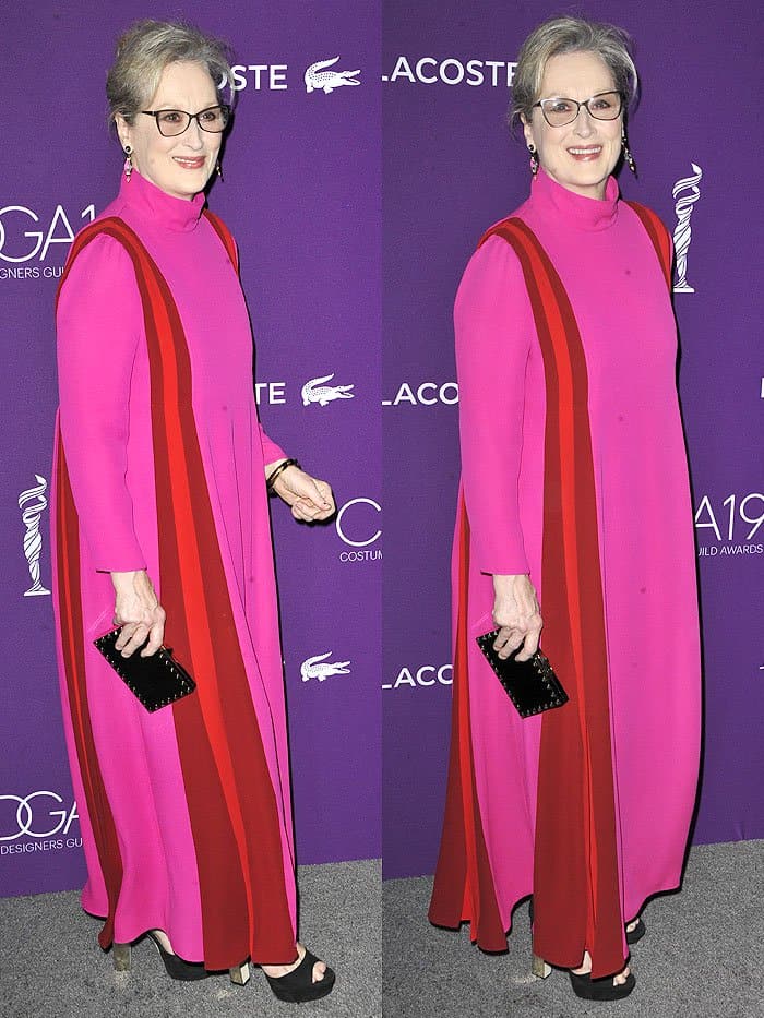 Meryl Streep in a Valentino long-sleeve dress with vertical stripes at the 2017 Costume Designers Guild Awards